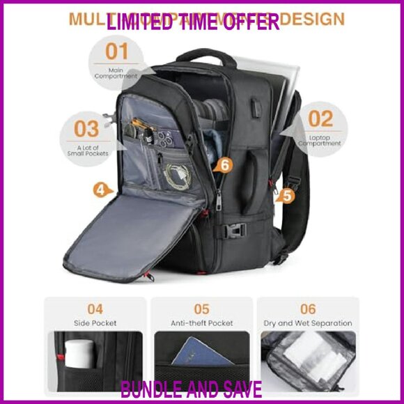 Travel Laptop Backpack Airline Approved USB Charging Weekender Bag - Picture 6 of 8